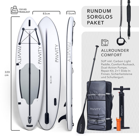 FAVVITY Aufblasbares SUP Board – Ultraleicht, 150kg Allrounder, Halb-Carbon, 7 Jahre Garantie, inkl. Zubehör
