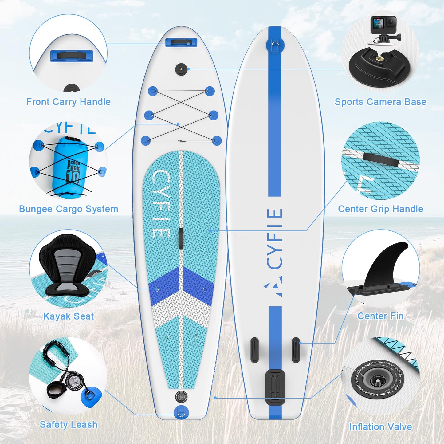 CYFIE Aufblasbares SUP Board 320×81×15 cm – mit Sitz, Paddel, Kamera-Halter, Pumpe & Zubehör – Für Erwachsene & Anfänger, 150 kg Tragkraft