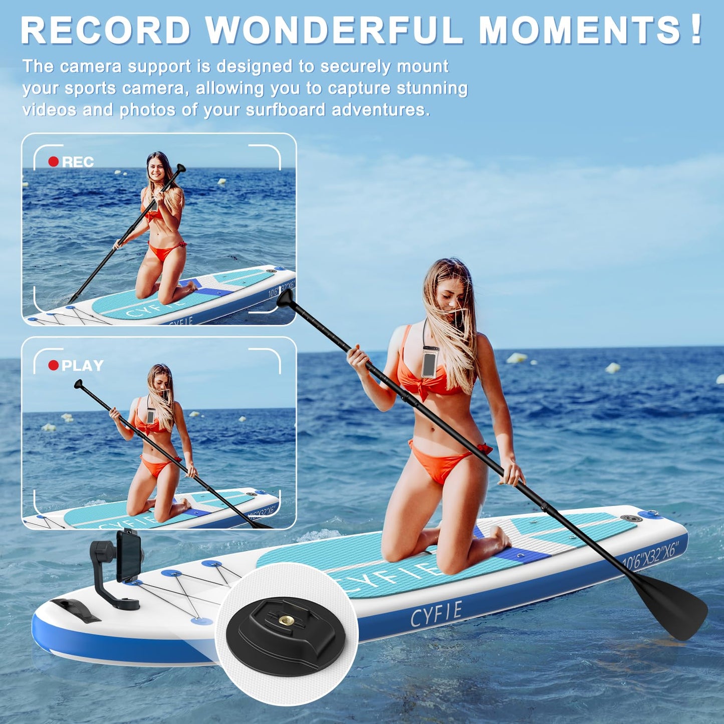 CYFIE Aufblasbares SUP Board 320×81×15 cm – mit Sitz, Paddel, Kamera-Halter, Pumpe & Zubehör – Für Erwachsene & Anfänger, 150 kg Tragkraft