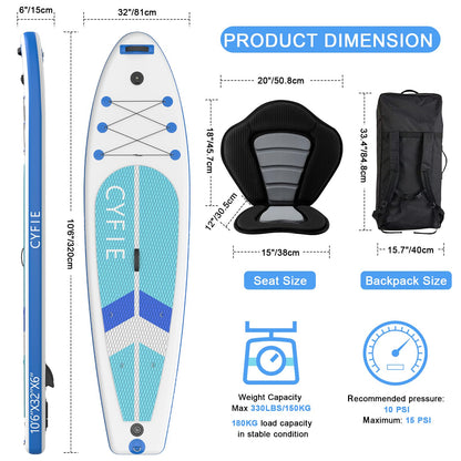 CYFIE Aufblasbares SUP Board 320×81×15 cm – mit Sitz, Paddel, Kamera-Halter, Pumpe & Zubehör – Für Erwachsene & Anfänger, 150 kg Tragkraft