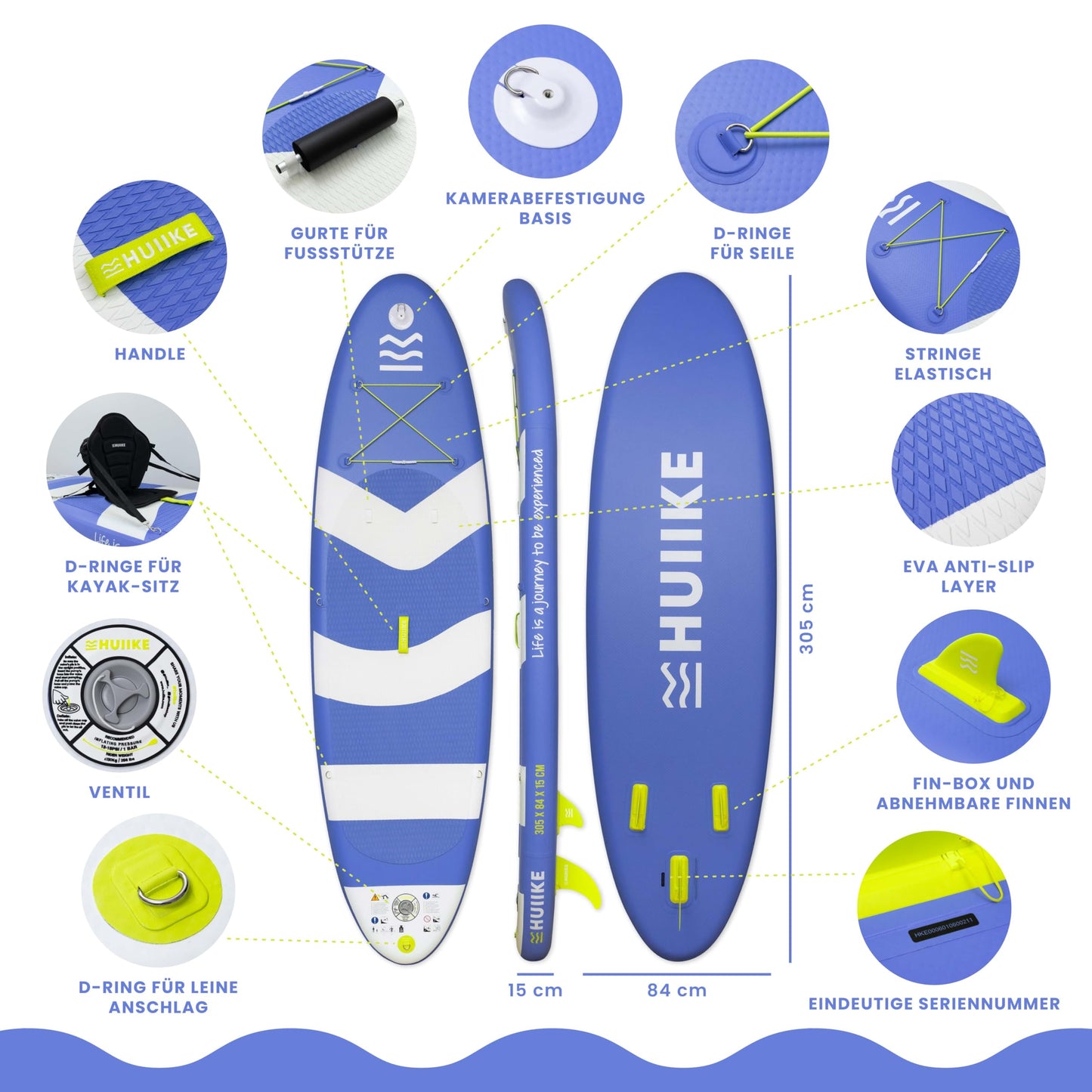 HUIIKE Aufblasbares SUP Board 305×84×15 cm – inkl. Paddel, Finnen & Pumpe – Hohe Stabilität, bis 130 kg belastbar